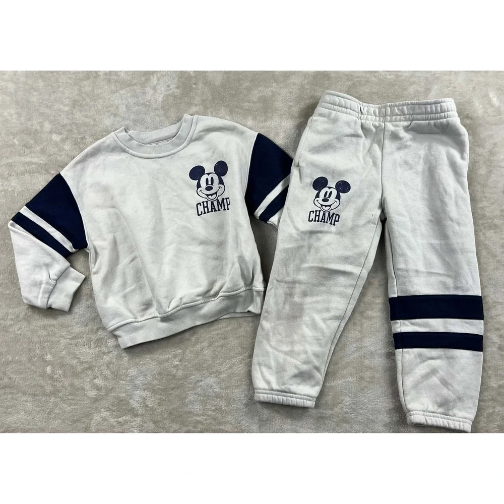 Baby Gap Disney Mickey Mouse 3pc Set Sweatshirt Joggers Tee Orange Gray 3T